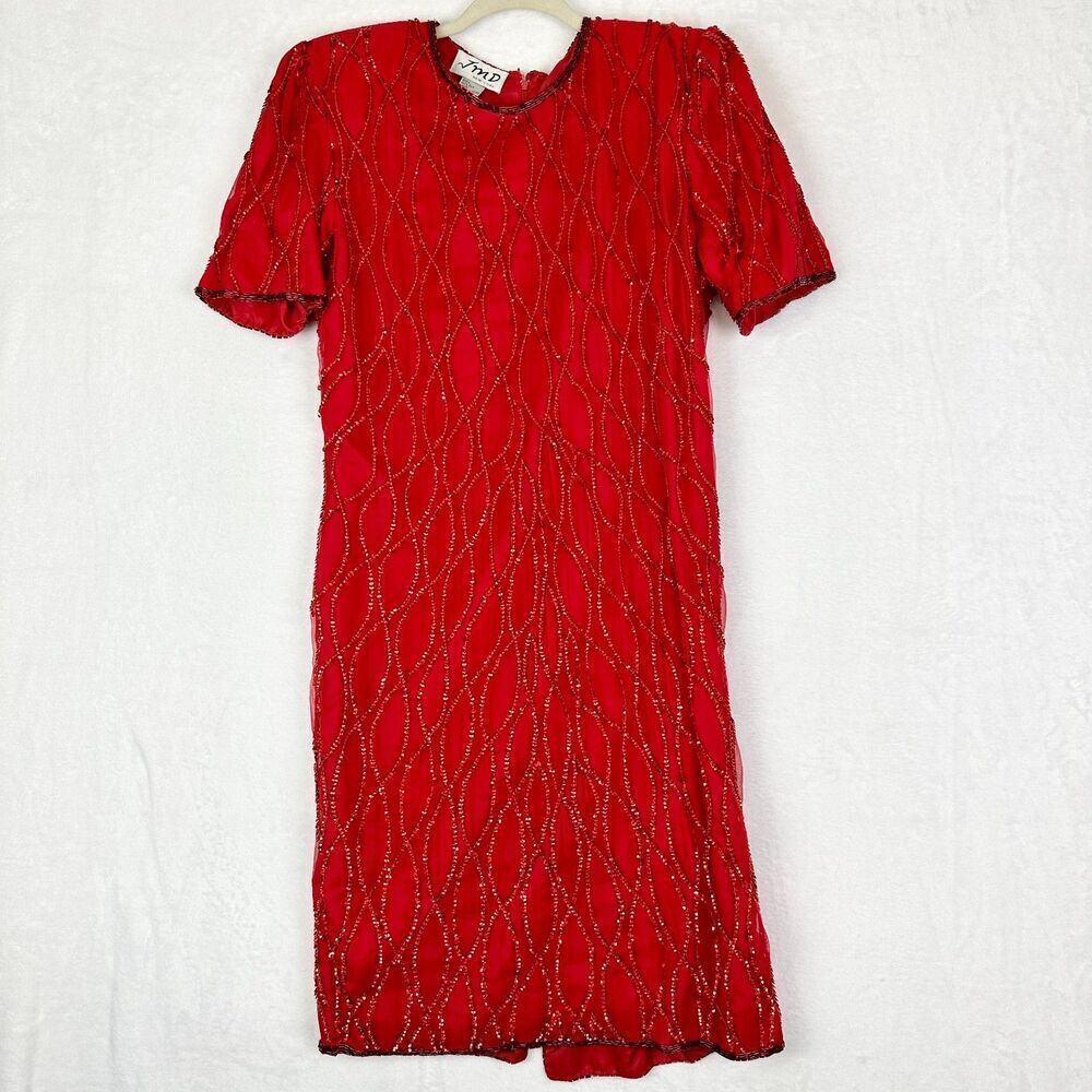 Vintage Silk Beaded Sequin Cocktail Dress Size Small Red Knee Length Party